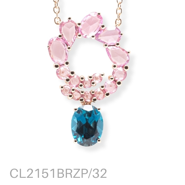 NECKLACE, ROSE GOLD, PINK SAPPHIRES, LONDON BLUE TOPAZ